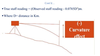 Cont’d…
True staff reading = (Observed staff reading - 0.0785D2)m.
Where D= distance in Km.
 