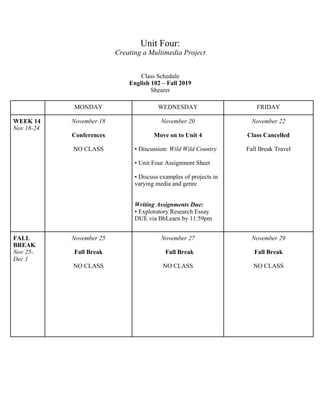 unit four / class schedule / english 102 / fall 2019 | PDF | Homework