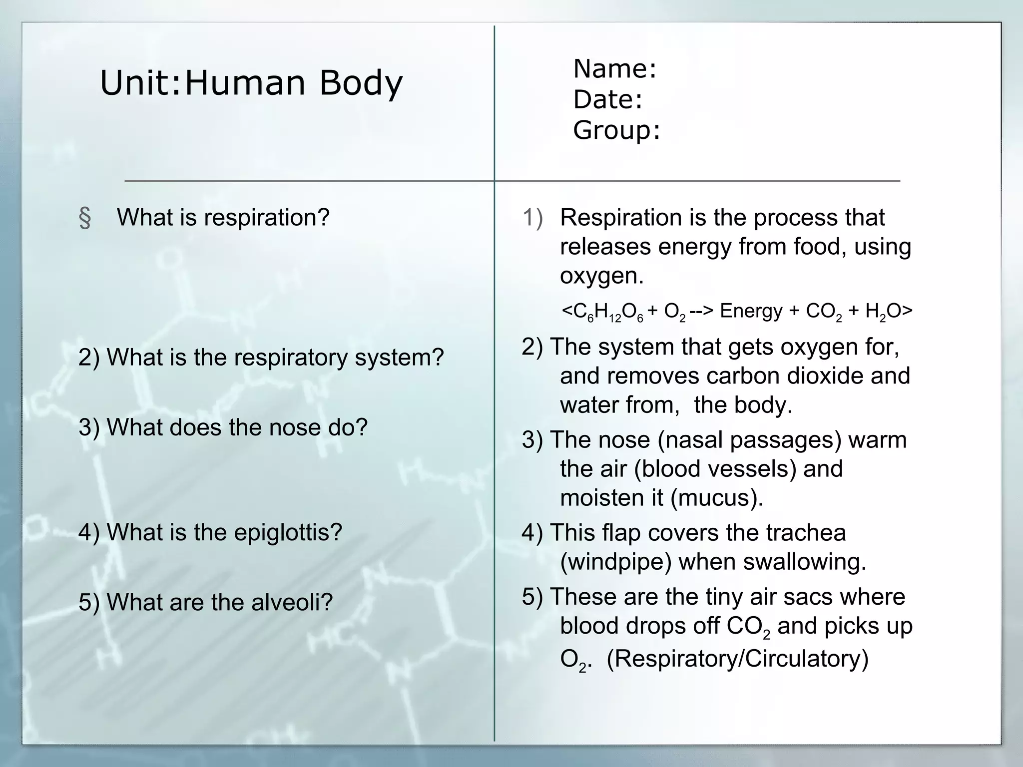 Unit:Human Body Name: Date: Group: What is respiration? 2) What is the respiratory system? 3) What does the nose do? 4) What is the epiglottis? 5) What are the alveoli? Respiration is the process that releases energy from food, using oxygen. <C 6 H 12 O 6  + O 2  --> Energy + CO 2  + H 2 O> 2) The system that gets oxygen for, and removes carbon dioxide and water from,  the body. 3) The nose (nasal passages) warm the air (blood vessels) and moisten it (mucus).  4) This flap covers the trachea (windpipe) when swallowing.  5) These are the tiny air sacs where blood drops off CO 2  and picks up O 2 .  (Respiratory/Circulatory)  