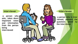 interviewer interviewee
-a person who
asks, takes down
important notes
and information
from the person
being
interviewed
-a person who is inter
viewed, answers the
questions asked by
the interviewer
 