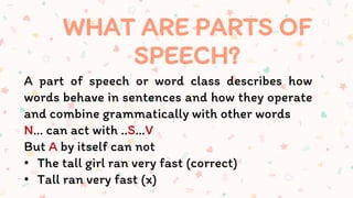 WHAT ARE PARTS OF
SPEECH?
A part of speech or word class describes how
words behave in sentences and how they operate
and combine grammatically with other words
N… can act with ..S…V
But A by itself can not
• The tall girl ran very fast (correct)
• Tall ran very fast (x)
 