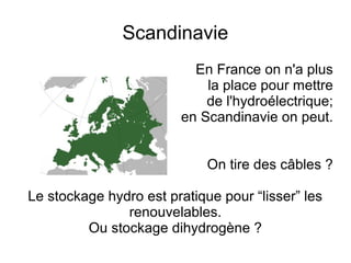 Scandinavie
En France on n'a plus
la place pour mettre
de l'hydroélectrique;
en Scandinavie on peut.
On tire des câbles ?
Le stockage hydro est pratique pour “lisser” les
renouvelables.
Ou stockage dihydrogène ?
 