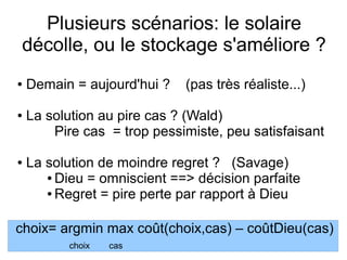 Plusieurs scénarios: le solaire
décolle, ou le stockage s'améliore ?
● Demain = aujourd'hui ? (pas très réaliste...)
● La solution au pire cas ? (Wald)
Pire cas = trop pessimiste, peu satisfaisant
● La solution de moindre regret ? (Savage)
● Dieu = omniscient ==> décision parfaite
● Regret = pire perte par rapport à Dieu
choix= argmin max coût(choix,cas) – coûtDieu(cas)
choix cas
 