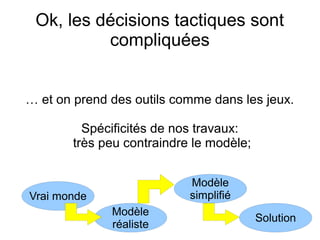 Ok, les décisions tactiques sont
compliquées
… et on prend des outils comme dans les jeux.
Spécificités de nos travaux:
très peu contraindre le modèle;
Vrai monde
Modèle
réaliste
Modèle
simplifié
Solution
 