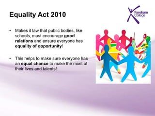 Equality Act 2010
• Makes it law that public bodies, like
schools, must encourage good
relations and ensure everyone has
equality of opportunity!
• This helps to make sure everyone has
an equal chance to make the most of
their lives and talents!
 
