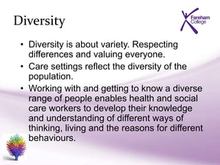 Diversity
• Diversity is about variety. Respecting
differences and valuing everyone.
• Care settings reflect the diversity of the
population.
• Working with and getting to know a diverse
range of people enables health and social
care workers to develop their knowledge
and understanding of different ways of
thinking, living and the reasons for different
behaviours.
 