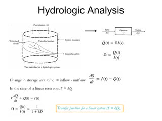 Hydrologic Analysis
Change in storage w.r.t. time = inflow - outflow
In the case of a linear reservoir, S = kQ
Transfer function for a linear system (S = kQ).
 