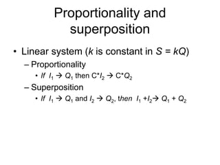 Proportionality and
superposition
• Linear system (k is constant in S = kQ)
– Proportionality
• If I1  Q1 then C*I2  C*Q2
– Superposition
• If I1  Q1 and I2  Q2, then I1 +I2 Q1 + Q2
 