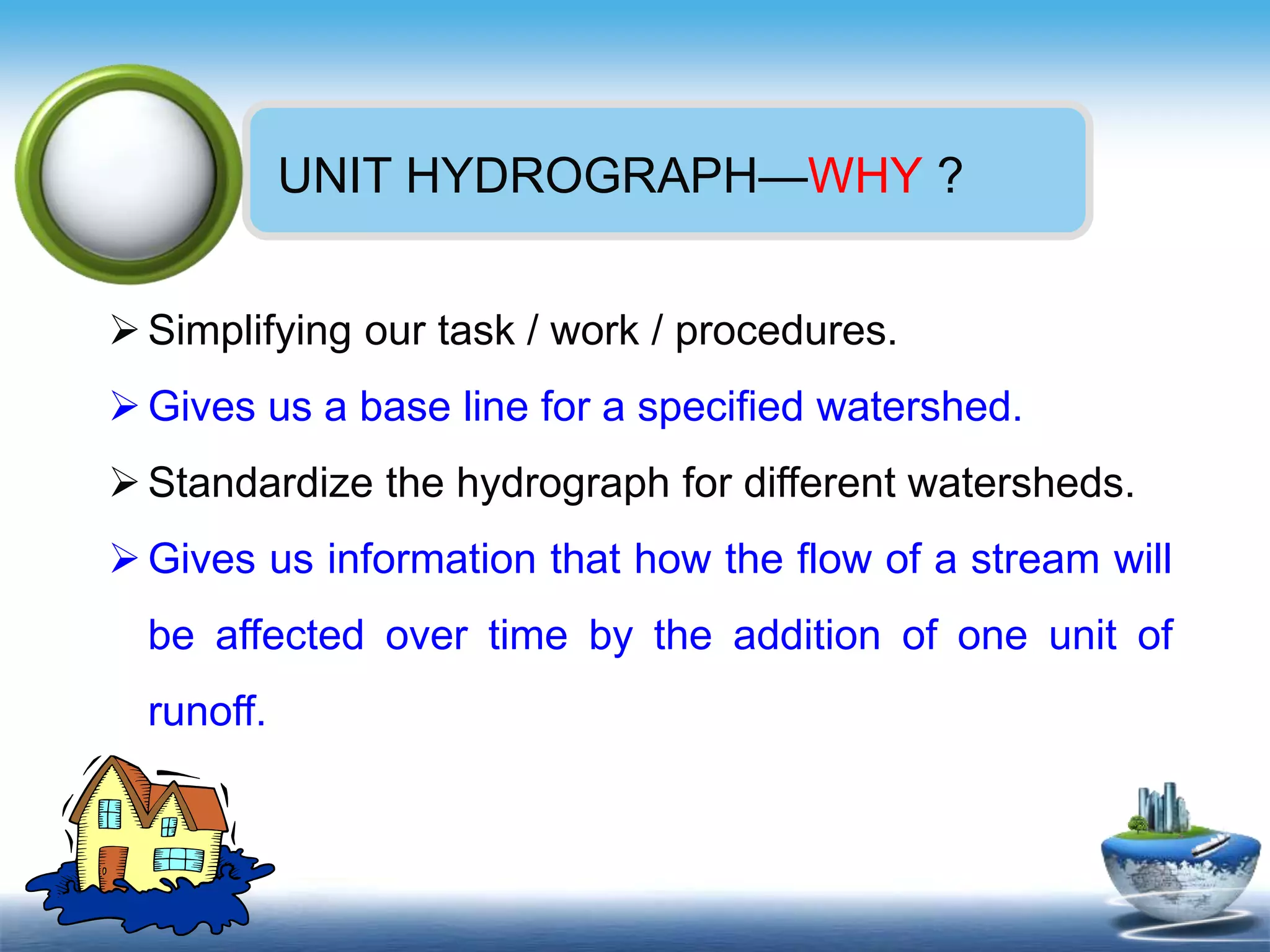 Text in
here
Text in
here
UNIT HYDROGRAPH—WHY ?
Simplifying our task / work / procedures.
Gives us a base line for a specified watershed.
Standardize the hydrograph for different watersheds.
Gives us information that how the flow of a stream will
be affected over time by the addition of one unit of
runoff.
 
