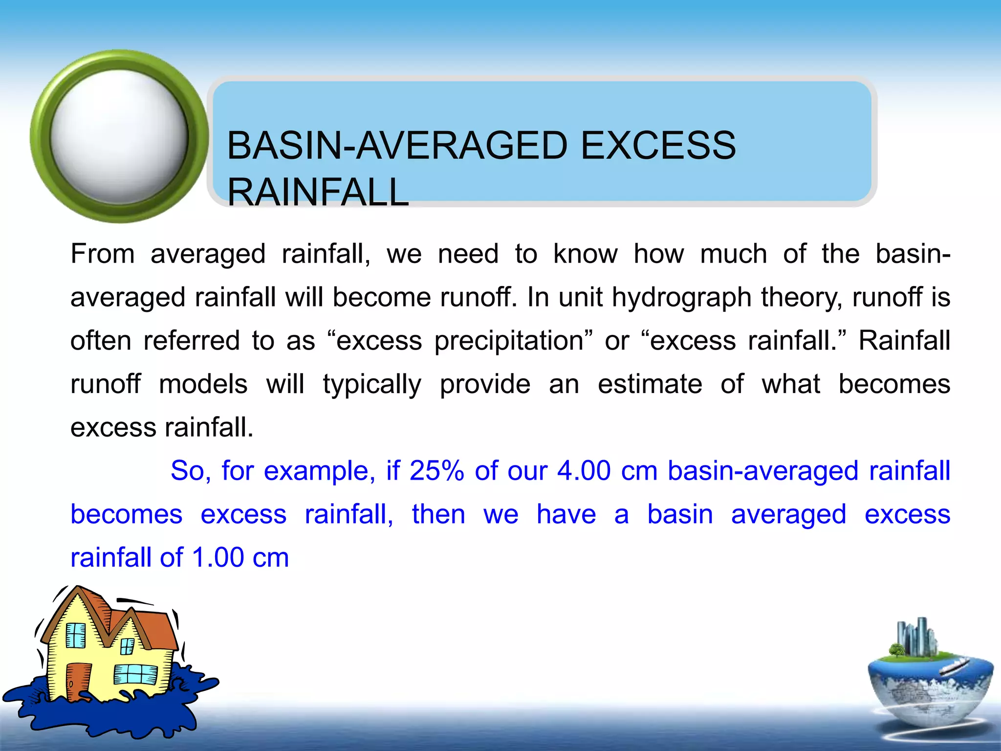 Text in
here
Text in
here
BASIN-AVERAGED EXCESS
RAINFALL
From averaged rainfall, we need to know how much of the basin-
averaged rainfall will become runoff. In unit hydrograph theory, runoff is
often referred to as “excess precipitation” or “excess rainfall.” Rainfall
runoff models will typically provide an estimate of what becomes
excess rainfall.
So, for example, if 25% of our 4.00 cm basin-averaged rainfall
becomes excess rainfall, then we have a basin averaged excess
rainfall of 1.00 cm
 