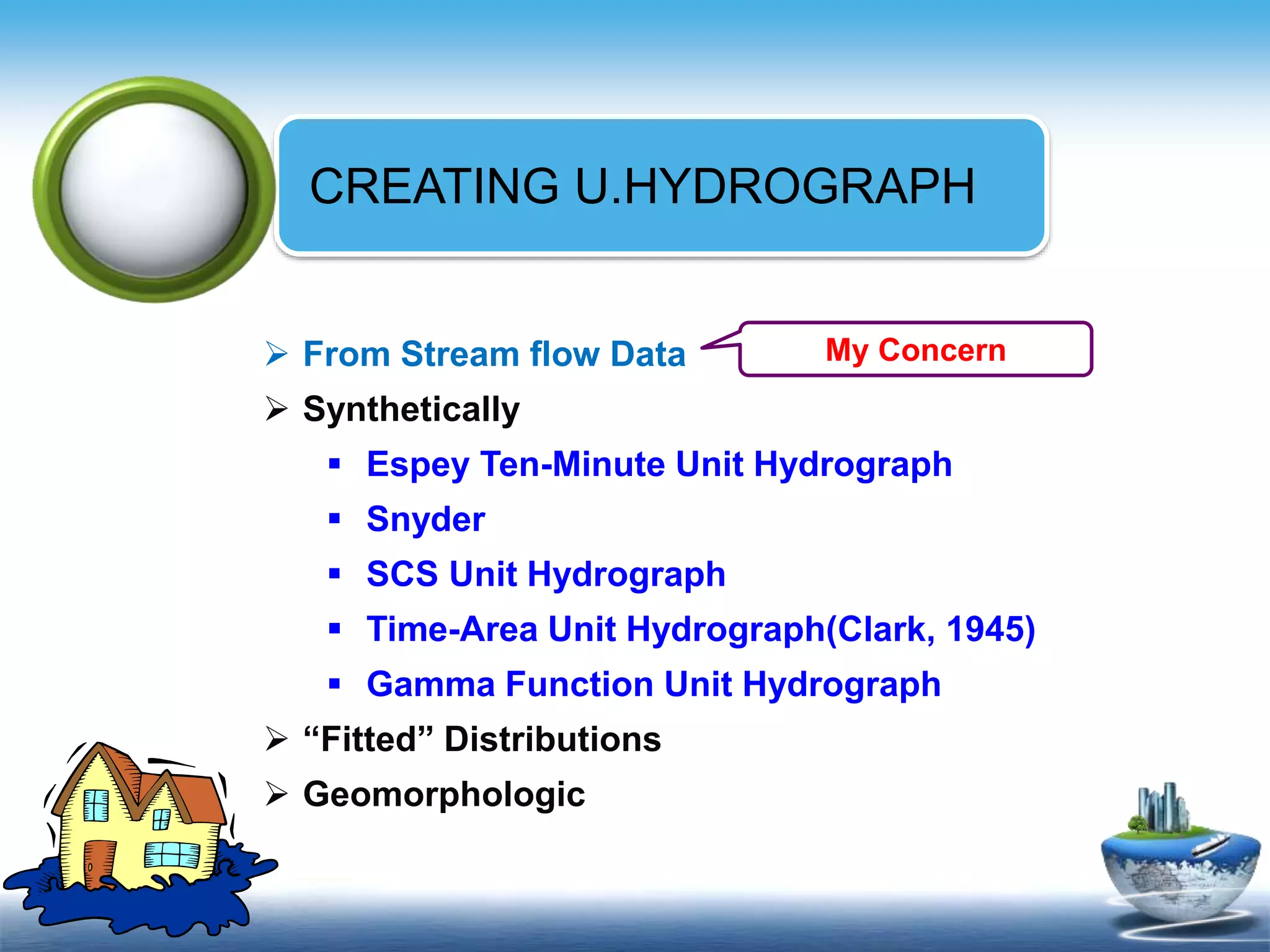 Text in
here
Text in
here
CREATING U.HYDROGRAPH
 From Stream flow Data
 Synthetically
 Espey Ten-Minute Unit Hydrograph
 Snyder
 SCS Unit Hydrograph
 Time-Area Unit Hydrograph(Clark, 1945)
 Gamma Function Unit Hydrograph
 “Fitted” Distributions
 Geomorphologic
My Concern
 