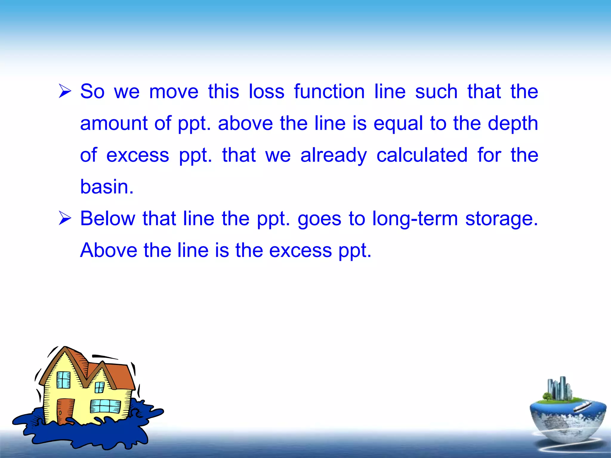 Text in
here
 So we move this loss function line such that the
amount of ppt. above the line is equal to the depth
of excess ppt. that we already calculated for the
basin.
 Below that line the ppt. goes to long-term storage.
Above the line is the excess ppt.
 