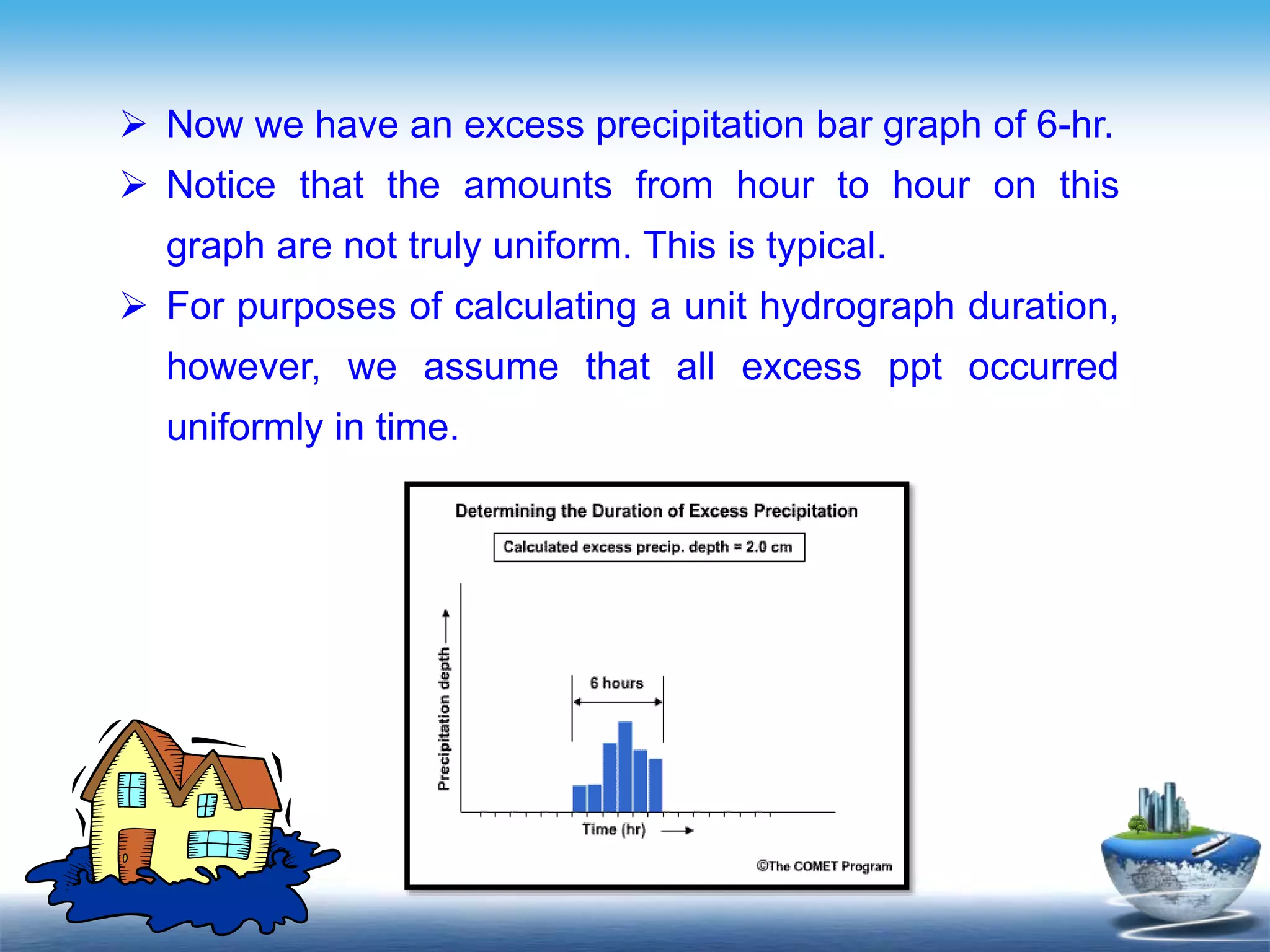 Text in
here
 Now we have an excess precipitation bar graph of 6-hr.
 Notice that the amounts from hour to hour on this
graph are not truly uniform. This is typical.
 For purposes of calculating a unit hydrograph duration,
however, we assume that all excess ppt occurred
uniformly in time.
 