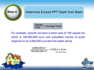 Text in
here
Determine Excess PPT Depth from BasinStep-4
For example, assume we have a basin area of 100 square km,
which is 100,000,000 sq.m and calculated volume of quick-
response to be 2,000,000 cum-then the depth will be
 