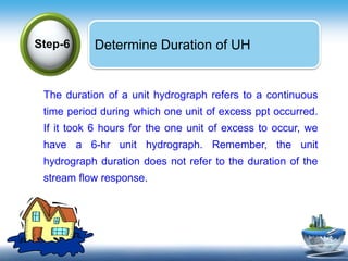 Text in
here
Determine Duration of UHStep-6
The duration of a unit hydrograph refers to a continuous
time period during which one unit of excess ppt occurred.
If it took 6 hours for the one unit of excess to occur, we
have a 6-hr unit hydrograph. Remember, the unit
hydrograph duration does not refer to the duration of the
stream flow response.
 