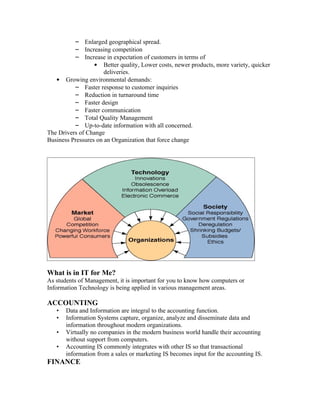 – Enlarged geographical spread.
          – Increasing competition
          – Increase in expectation of customers in terms of
                  • Better quality, Lower costs, newer products, more variety, quicker
                      deliveries.
   • Growing environmental demands:
          – Faster response to customer inquiries
          – Reduction in turnaround time
          – Faster design
          – Faster communication
          – Total Quality Management
          – Up-to-date information with all concerned.
The Drivers of Change
Business Pressures on an Organization that force change




What is in IT for Me?
As students of Management, it is important for you to know how computers or
Information Technology is being applied in various management areas.

ACCOUNTING
   •   Data and Information are integral to the accounting function.
   •   Information Systems capture, organize, analyze and disseminate data and
       information throughout modern organizations.
   •   Virtually no companies in the modern business world handle their accounting
       without support from computers.
   •   Accounting IS commonly integrates with other IS so that transactional
       information from a sales or marketing IS becomes input for the accounting IS.
FINANCE
 