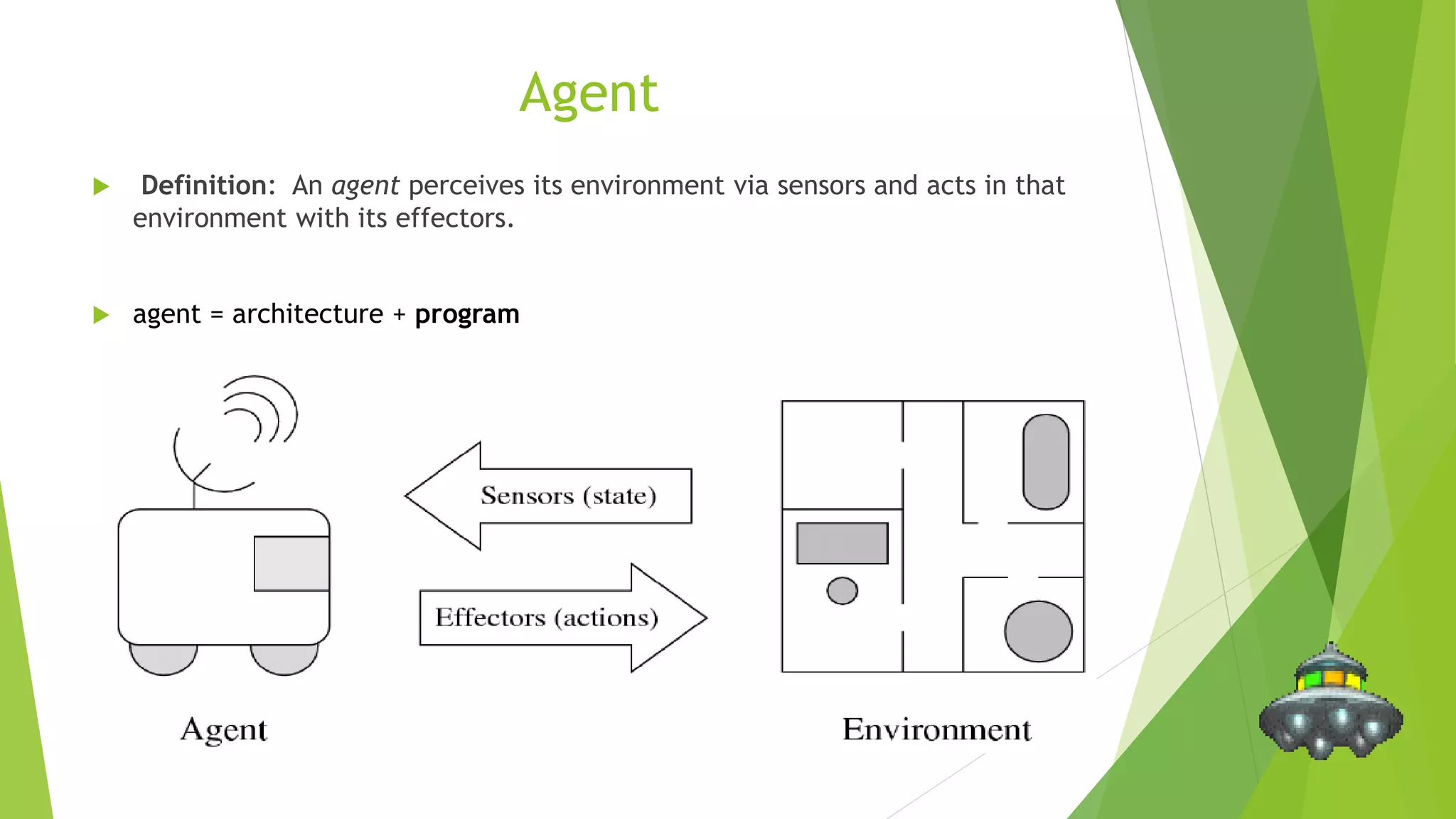 Agent
 Definition: An agent perceives its environment via sensors and acts in that
environment with its effectors.
 agent = architecture + program
 