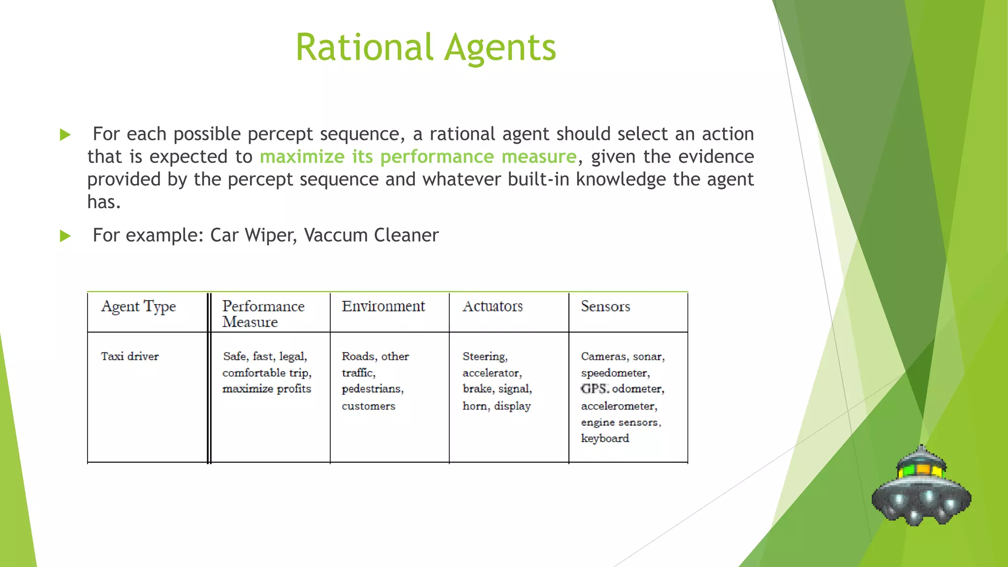 Rational Agents
 For each possible percept sequence, a rational agent should select an action
that is expected to maximize its performance measure, given the evidence
provided by the percept sequence and whatever built-in knowledge the agent
has.
 For example: Car Wiper, Vaccum Cleaner
 
