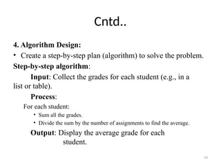 19
Cntd..
4. Algorithm Design:
• Create a step-by-step plan (algorithm) to solve the problem.
Step-by-step algorithm:
Input: Collect the grades for each student (e.g., in a
list or table).
Process:
For each student:
• Sum all the grades.
• Divide the sum by the number of assignments to find the average.
Output: Display the average grade for each
student.
 