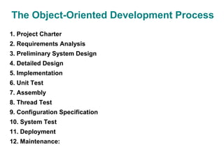 The Object-Oriented Development Process
1. Project Charter
2. Requirements Analysis
3. Preliminary System Design
4. Detailed Design
5. Implementation
6. Unit Test
7. Assembly
8. Thread Test
9. Configuration Specification
10. System Test
11. Deployment
12. Maintenance:
 