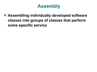 Assembly
Assembling individually developed software
classes into groups of classes that perform
some specific service
 