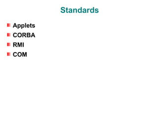 Standards
Applets
CORBA
RMI
COM
 