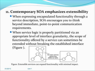 11. Contemporary SOA emphasizes extensibility
      When expressing encapsulated functionality through a
       service description, SOA encourages you to think
       beyond immediate, point-to-point communication
       requirements.
      When service logic is properly partitioned via an
       appropriate level of interface granularity, the scope of
       functionality offered by a service can sometimes be
       extended without breaking the established interface
       (Figure ).




           Figure :Extensible services can expand functionality with minimal impact.

01/20/13                    Unit 1
 