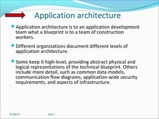Application architecture
 Application architecture is to an application development
    team what a blueprint is to a team of construction
    workers.
 Different organizations document different levels of
    application architecture.
 Some keep it high-level, providing abstract physical and
    logical representations of the technical blueprint. Others
    include more detail, such as common data models,
    communication flow diagrams, application-wide security
    requirements, and aspects of infrastructure.




01/20/13           Unit 1
 
