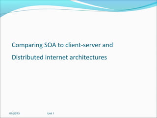 Comparing SOA to client-server and
 Distributed internet architectures




01/20/13     Unit 1
 