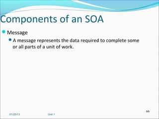 Components of an SOA
Message
  A message represents the data required to complete some
    or all parts of a unit of work.




                                                             66
  01/20/13           Unit 1
 