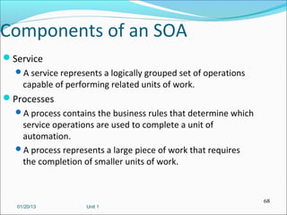 Components of an SOA
Service
  A service represents a logically grouped set of operations
    capable of performing related units of work.
Processes
  A process contains the business rules that determine which
   service operations are used to complete a unit of
   automation.
  A process represents a large piece of work that requires
   the completion of smaller units of work.



                                                                68
  01/20/13          Unit 1
 