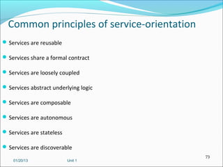 Common principles of service-orientation
 Services are reusable

 Services share a formal contract

 Services are loosely coupled

 Services abstract underlying logic

 Services are composable

 Services are autonomous

 Services are stateless

 Services are discoverable
                                             73
    01/20/13               Unit 1
 