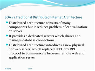 SOA vs Traditional Distributed Internet Architecture
 Distributed architecture consists of many
  components but it reduc...