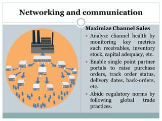 Networking and communication
Maximize Channel Sales
 Analyze channel health by
monitoring key metrics
such receivables, inventory
stock, capital adequacy, etc.
 Enable single point partner
portals to raise purchase
orders, track order status,
delivery dates, back-orders,
etc.
 Abide regulatory norms by
following global trade
practices.
 