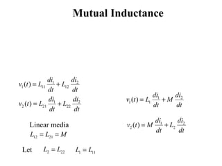 Mutual Inductance
1 2
1 11 12( )
di di
v t L L
dt dt
= +
1 2
2 21 22( )
di di
v t L L
dt dt
= +
12 21L L M= =
Linear media
1 2
1 1( )
di di
v t L M
dt dt
= +
1 2
2 2( )
di di
v t M L
dt dt
= +
2 22L L= 1 11L L=Let
 