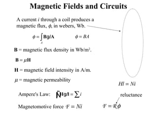 Magnetic Fields and Circuits
A current i through a coil produces a
magnetic flux, φ, in webers, Wb.
BAφ =
A
dφ = ∫B Ag
H = magnetic field intensity in A/m.
B = magnetic flux density in Wb/m2
.
µ=B H
µ = magnetic permeability
Ampere's Law: d i= ∑∫ H lgÑ
Hl Ni=
Ni=FMagnetomotive force φ=F R
reluctance
 