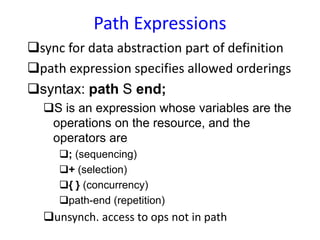 Path Expressions
sync for data abstraction part of definition
path expression specifies allowed orderings
syntax: path S end;
S is an expression whose variables are the
operations on the resource, and the
operators are
; (sequencing)
+ (selection)
{ } (concurrency)
path-end (repetition)
unsynch. access to ops not in path
 