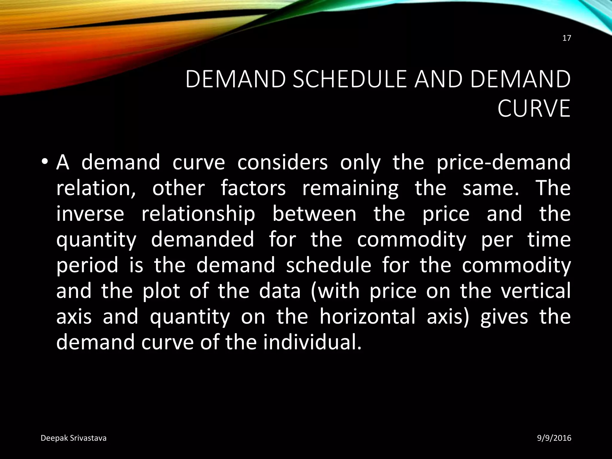 DEMAND SCHEDULE AND DEMAND
CURVE
• A demand curve considers only the price-demand
relation, other factors remaining the same. The
inverse relationship between the price and the
quantity demanded for the commodity per time
period is the demand schedule for the commodity
and the plot of the data (with price on the vertical
axis and quantity on the horizontal axis) gives the
demand curve of the individual.
9/9/2016Deepak Srivastava
17
 