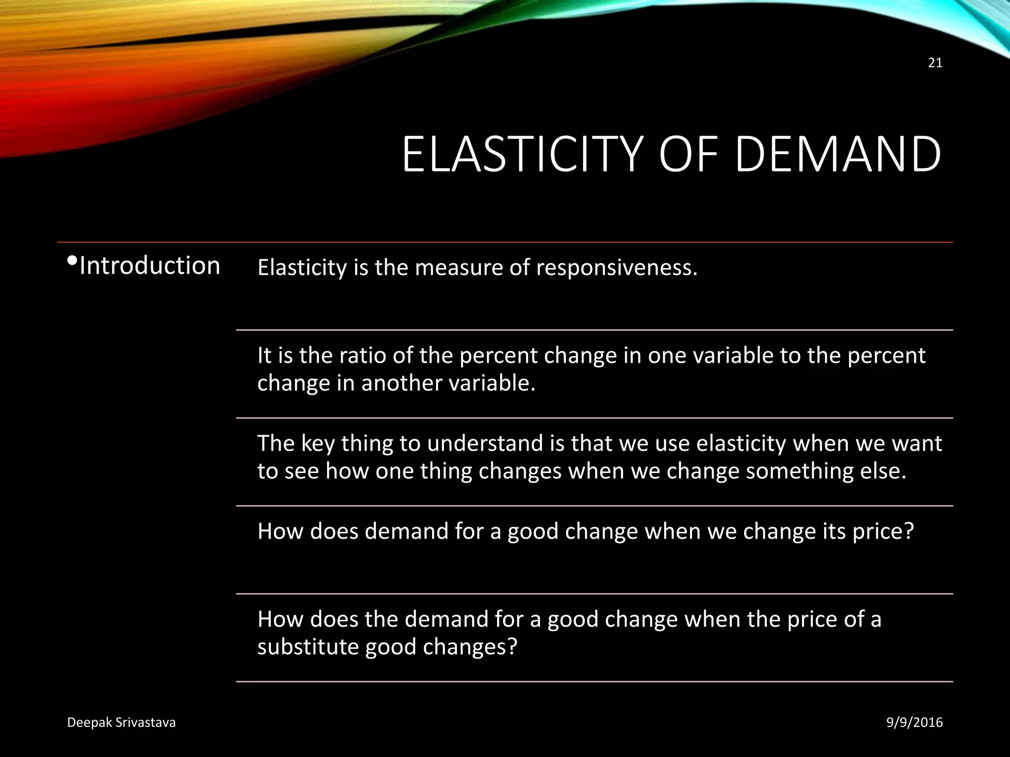 ELASTICITY OF DEMAND
•Introduction Elasticity is the measure of responsiveness.
It is the ratio of the percent change in one variable to the percent
change in another variable.
The key thing to understand is that we use elasticity when we want
to see how one thing changes when we change something else.
How does demand for a good change when we change its price?
How does the demand for a good change when the price of a
substitute good changes?
9/9/2016Deepak Srivastava
21
 