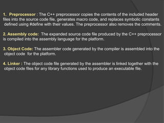 1. Preprocessor : The C++ preprocessor copies the contents of the included header
files into the source code file, generates macro code, and replaces symbolic constants
defined using #define with their values. The preprocessor also removes the comments.
2. Assembly code: The expanded source code file produced by the C++ preprocessor
is compiled into the assembly language for the platform.
3. Object Code: The assembler code generated by the compiler is assembled into the
object code for the platform.
4. Linker : The object code file generated by the assembler is linked together with the
object code files for any library functions used to produce an executable file.
 