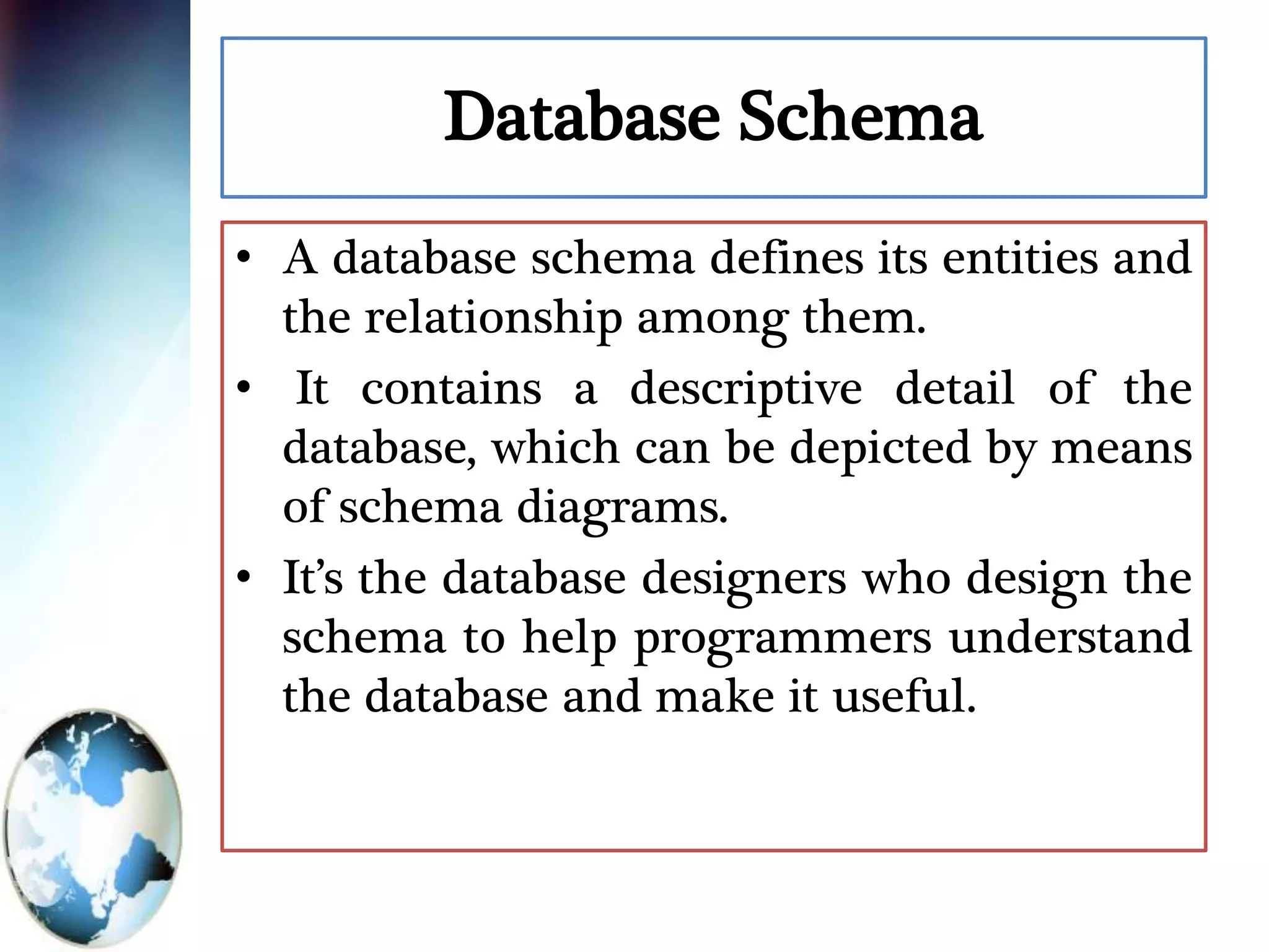 Database Schema
• A database schema defines its entities and
the relationship among them.
• It contains a descriptive detail of the
database, which can be depicted by means
of schema diagrams.
• It’s the database designers who design the
schema to help programmers understand
the database and make it useful.
 