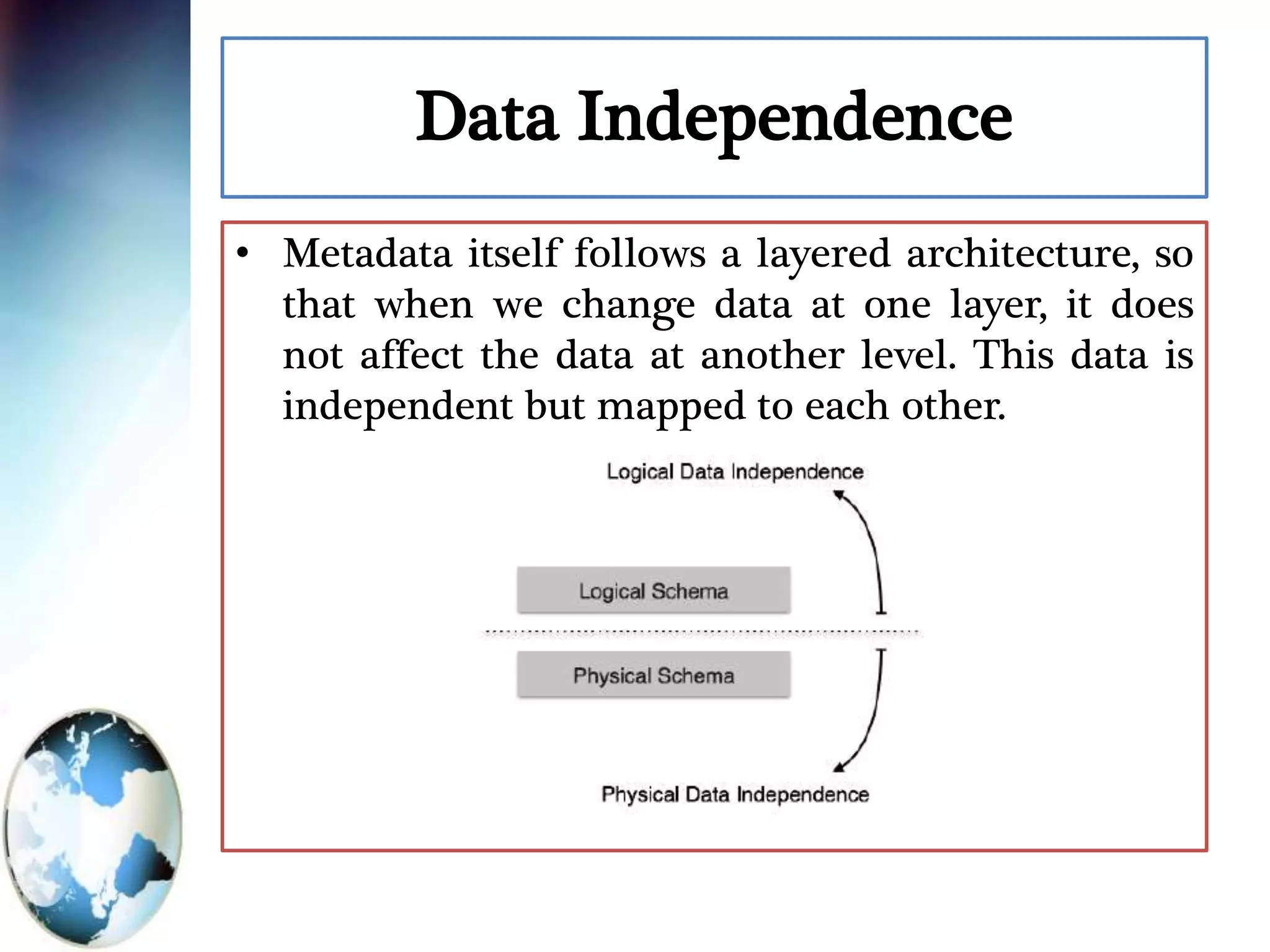 Data Independence
• Metadata itself follows a layered architecture, so
that when we change data at one layer, it does
not affect the data at another level. This data is
independent but mapped to each other.
 