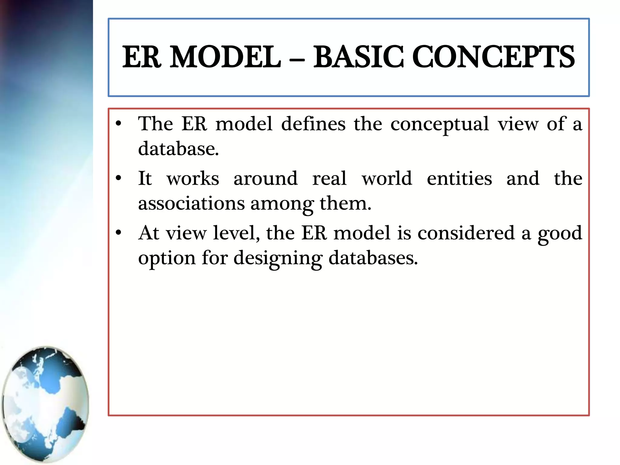 ER MODEL – BASIC CONCEPTS
• The ER model defines the conceptual view of a
database.
• It works around real world entities and the
associations among them.
• At view level, the ER model is considered a good
option for designing databases.
 