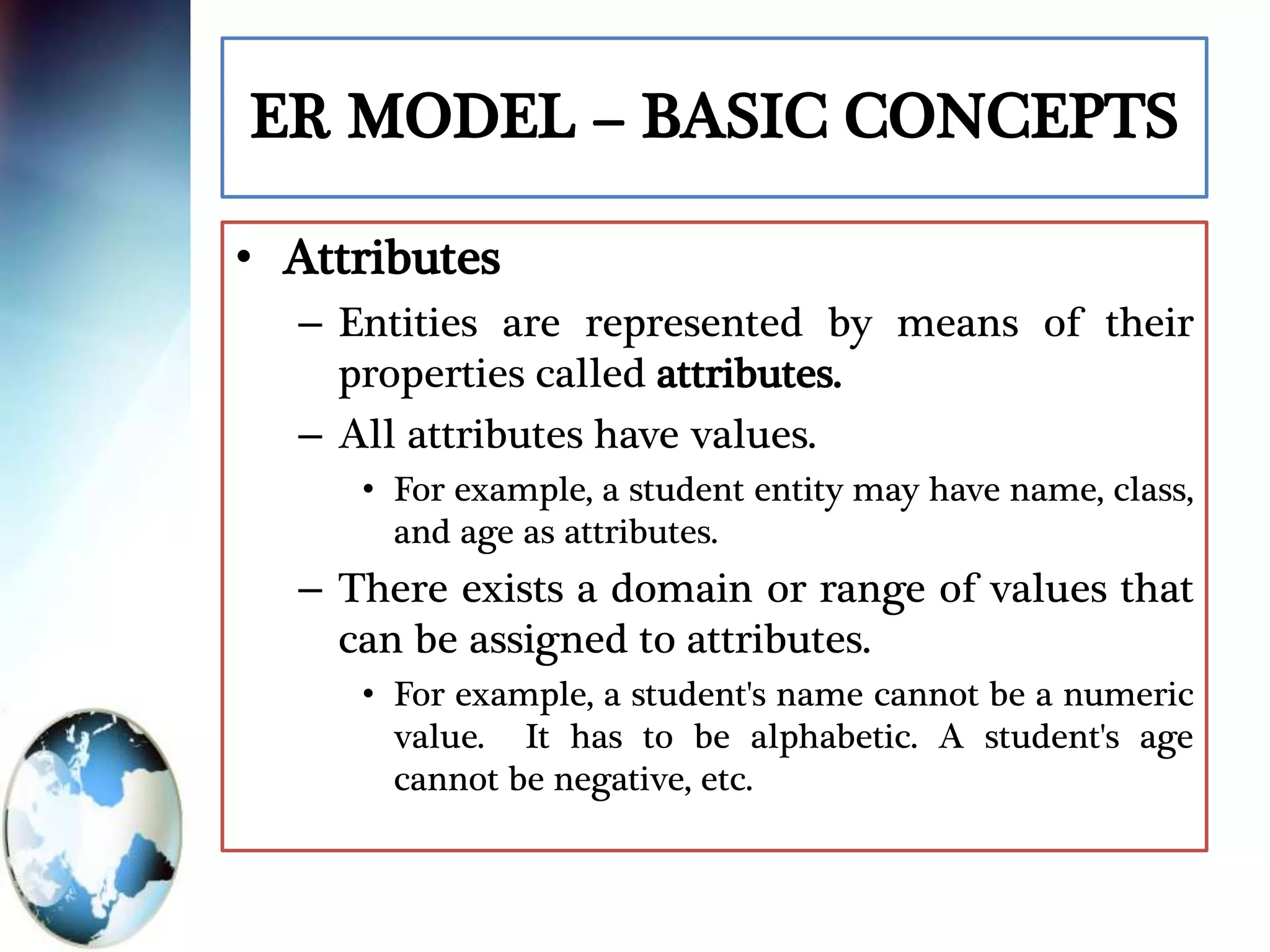 ER MODEL – BASIC CONCEPTS
• Attributes
– Entities are represented by means of their
properties called attributes.
– All attributes have values.
• For example, a student entity may have name, class,
and age as attributes.
– There exists a domain or range of values that
can be assigned to attributes.
• For example, a student's name cannot be a numeric
value. It has to be alphabetic. A student's age
cannot be negative, etc.
 