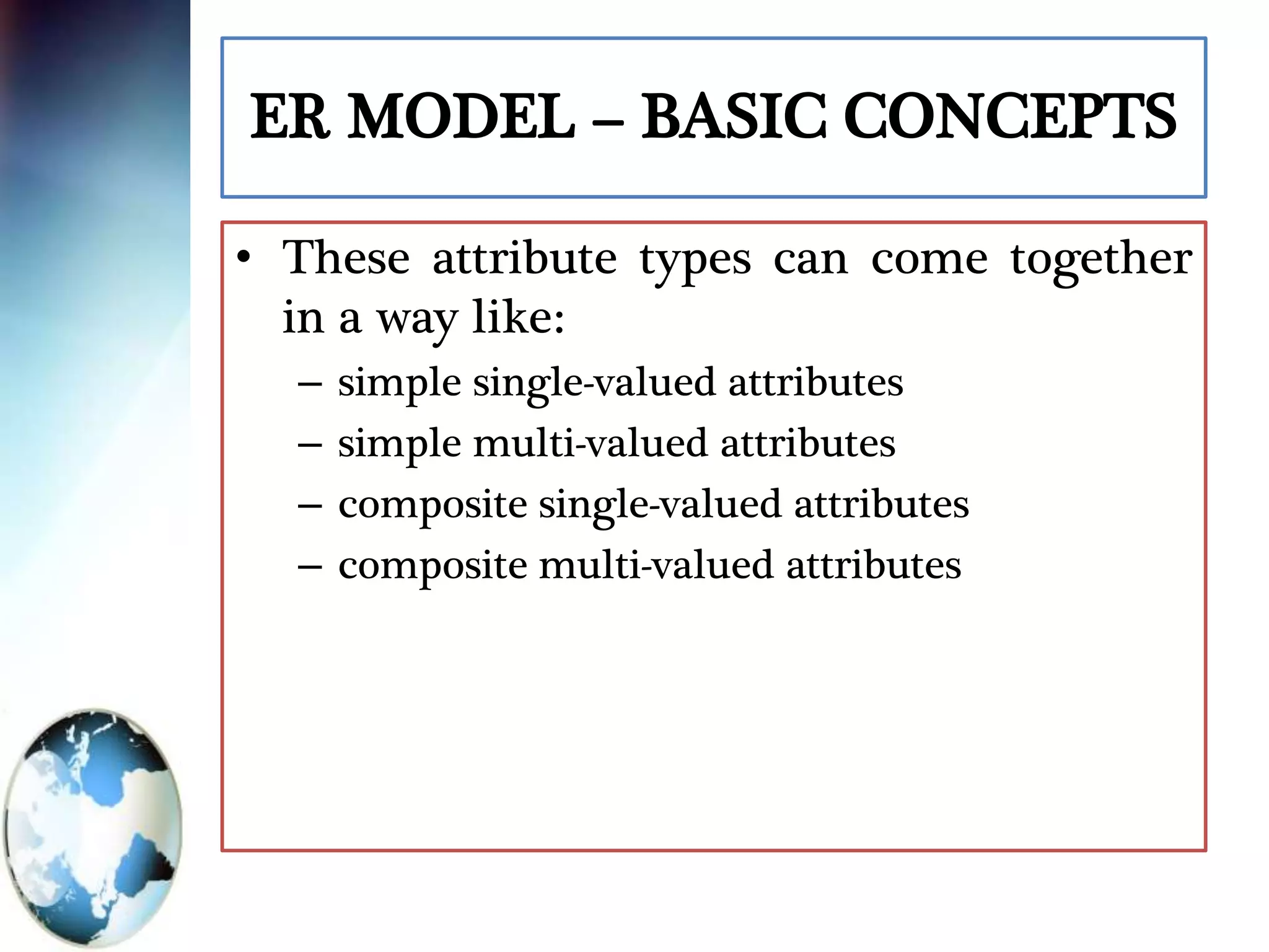 ER MODEL – BASIC CONCEPTS
• These attribute types can come together
in a way like:
– simple single-valued attributes
– simple multi-valued attributes
– composite single-valued attributes
– composite multi-valued attributes
 