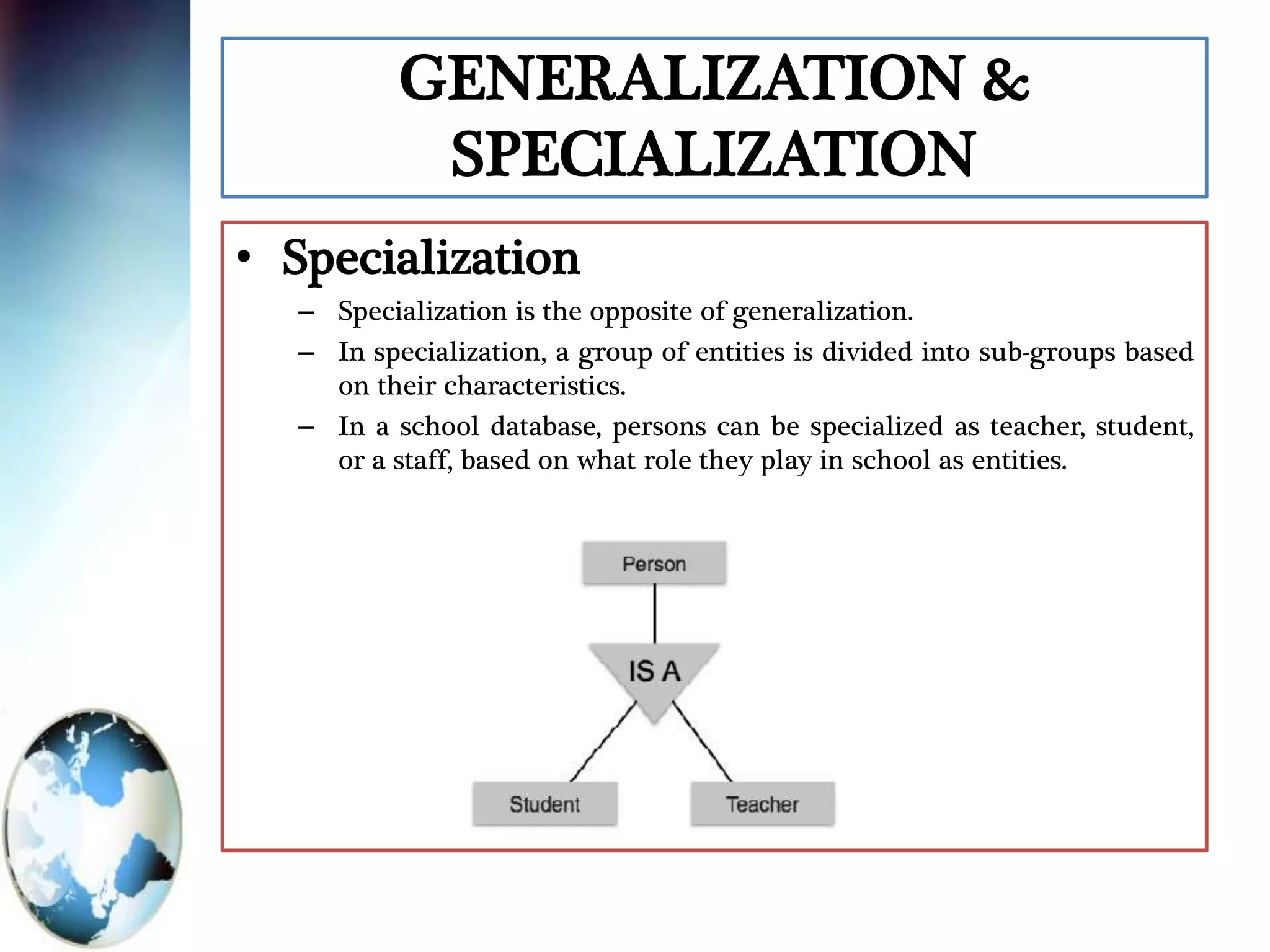 GENERALIZATION &
SPECIALIZATION
• Specialization
– Specialization is the opposite of generalization.
– In specialization, a group of entities is divided into sub-groups based
on their characteristics.
– In a school database, persons can be specialized as teacher, student,
or a staff, based on what role they play in school as entities.
 