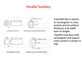 Parallel SunkKey
A parallel key is square
or rectangular in cross
section and of uniform
thickness and width
over its length.
Parallel sunk keys with
rectangular and square
cross section is shown in
Figs.
 