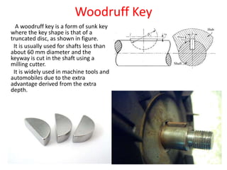 Woodruff Key
A woodruff key is a form of sunk key
where the key shape is that of a
truncated disc, as shown in figure.
It is usually used for shafts less than
about 60 mm diameter and the
keyway is cut in the shaft using a
milling cutter.
It is widely used in machine tools and
automobiles due to the extra
advantage derived from the extra
depth.
 