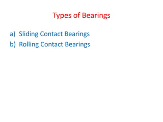 Types of Bearings
a) Sliding Contact Bearings
b) Rolling Contact Bearings
 