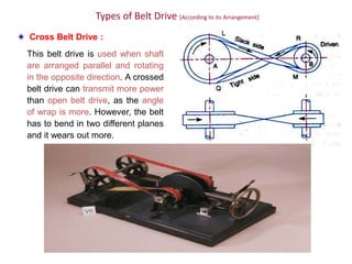 Cross Belt Drive :
This belt drive is used when shaft
are arranged parallel and rotating
in the opposite direction. A crossed
belt drive can transmit more power
than open belt drive, as the angle
of wrap is more. However, the belt
has to bend in two different planes
and it wears out more.
Types of Belt Drive [According to its Arrangement]
 
